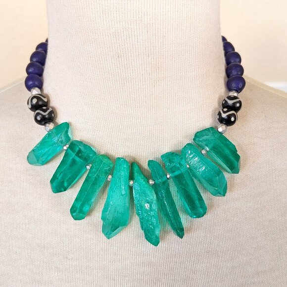 Navy Blue & Green Quartz & Recycled Glass African Print Bib Necklace - Picture 1 of 3